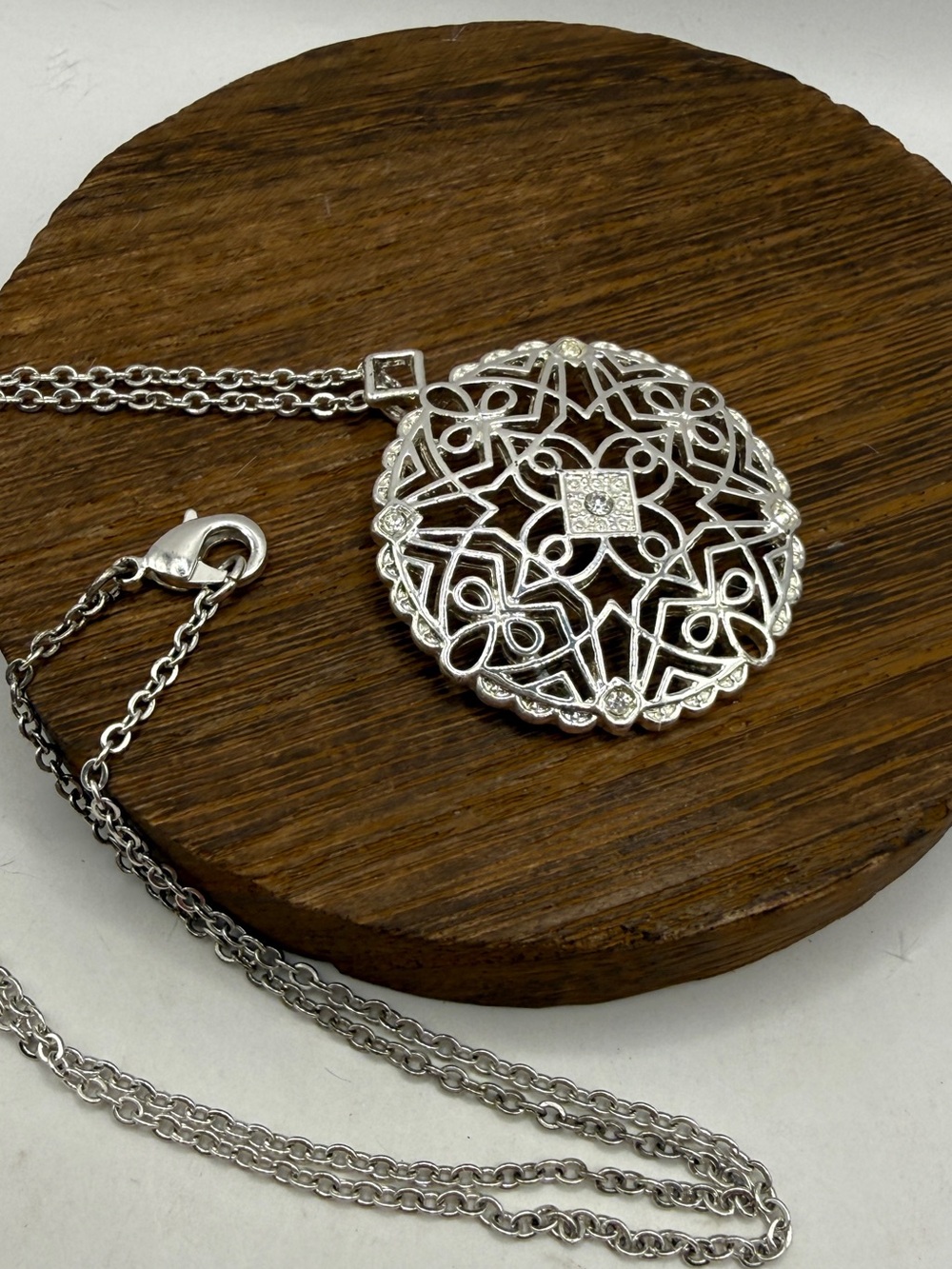 Signed Vintage NP Silver Mandala Filigree Pendant Necklace Openwork Lace Medalli